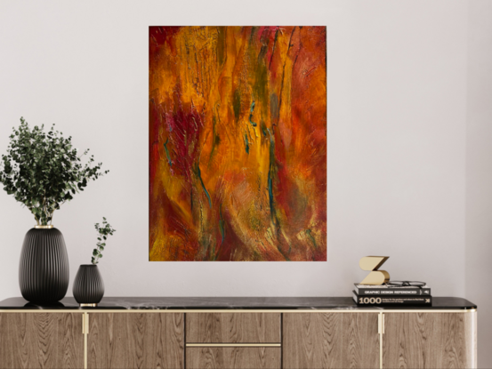 A textured, abstract landscape artwork in acrylics on canvas,  in bold orange, turquoise and gold depicting the changing seasons in the Blue Mountains of NSW