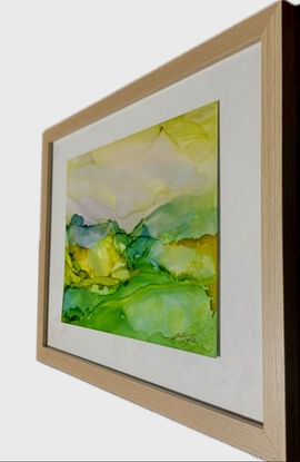 A small framed artwork in the abstract expressive style evoking the colours of Regional Australia. Painted in ink on Yupo paper