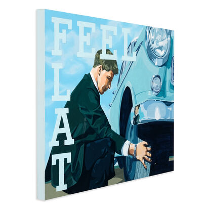 A man in a suit is crouching down to fix the flat tire of his mint green 1950s car. The headlight of the car is in the right foreground of the painting, the man is to the left. The background is a pale blue sky and there is a block text overlay reading FEEL FLAT.