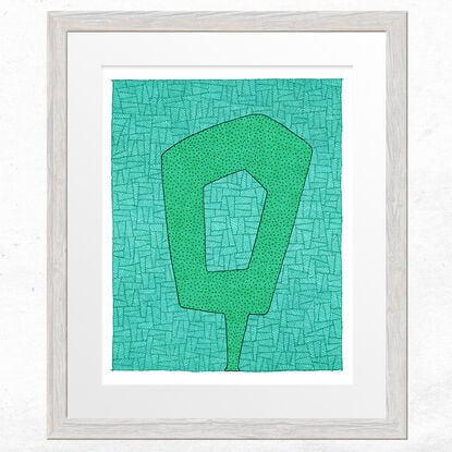 Light Green abstracted silhouette portrait against an Aqua / Light Blue patterned background 