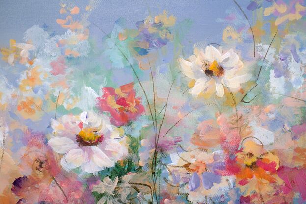 A vibrant floral scene depicts a variety of colorful flowers set against a gradient sky. The blooms are painted with delicate brushstrokes, creating an impressionistic effect.
