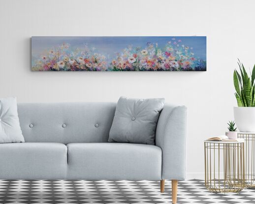 A vibrant floral scene depicts a variety of colorful flowers set against a gradient sky. The blooms are painted with delicate brushstrokes, creating an impressionistic effect.
