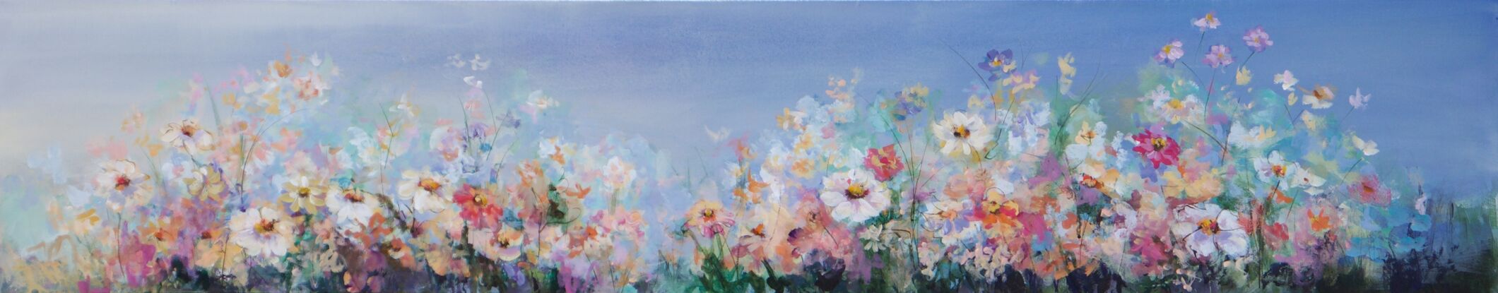 A vibrant floral scene depicts a variety of colorful flowers set against a gradient sky. The blooms are painted with delicate brushstrokes, creating an impressionistic effect.
