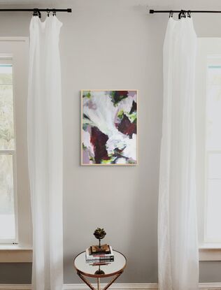 A highly textured painting featuring serene spring gardens in vivid magenta hues, evoking a dreamy, tranquil atmosphere.