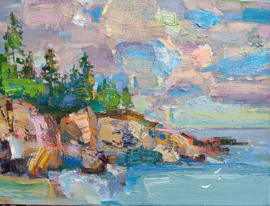 The artwork is an impressionistic painting that captures a rugged coastal landscape. The painting features a rocky shoreline adorned with clusters of evergreen trees.