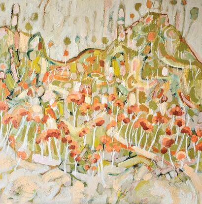 Roo Ridge is a remembered landscape inspired by spring. The horizon line is high. It is a square composition.  
 It has many layers. The colours  and organic shapes are soft . 
Trees form a boarder in the bottom half of the composition. They are scattered  up the hillside. 
