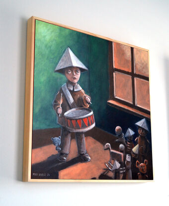 At the center stands a puppet with a conical hat, reminiscent of a jester or a town crier. This figure plays a drum, its rhythm echoing through the room.
Around the central puppet, others join the assembly. Each wears a unique hat—some tall, some tilted, and others adorned with feathers or bells. Their expressions are attentive, as if awaiting an important proclamation.