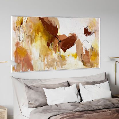 subtle warm neutral tones and white, apricot, lemon, yellow, mixed with terracotta, rust, grey expressive makes across the canvas.