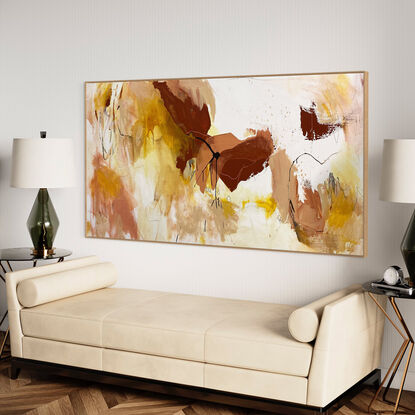 subtle warm neutral tones and white, apricot, lemon, yellow, mixed with terracotta, rust, grey expressive makes across the canvas.