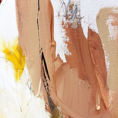 subtle warm neutral tones and white, apricot, lemon, yellow, mixed with terracotta, rust, grey expressive makes across the canvas.