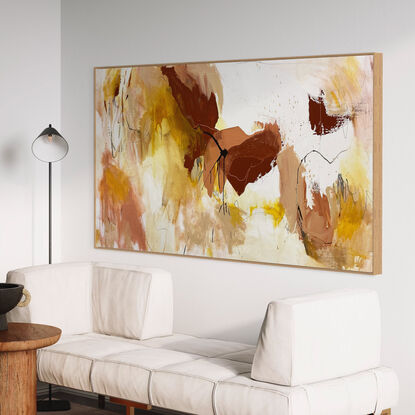 subtle warm neutral tones and white, apricot, lemon, yellow, mixed with terracotta, rust, grey expressive makes across the canvas.