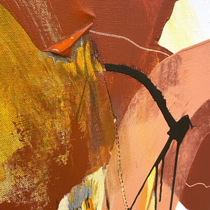 subtle warm neutral tones and white, apricot, lemon, yellow, mixed with terracotta, rust, grey expressive makes across the canvas.