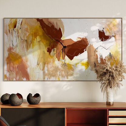 subtle warm neutral tones and white, apricot, lemon, yellow, mixed with terracotta, rust, grey expressive makes across the canvas.