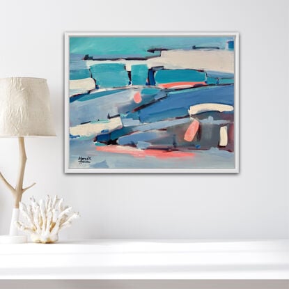 Abstract artwork with blues. White frame.