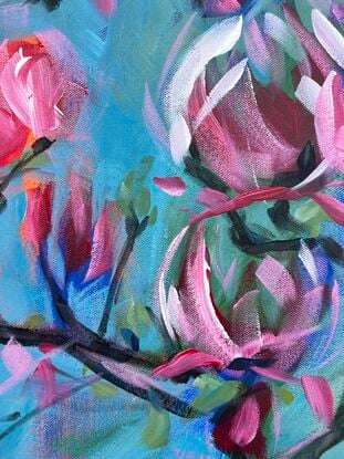 Long vertical rectangular canvas. Modern floral in magenta and pinks and whites on a blue and green coloured background with textural paint and brushstrokes.