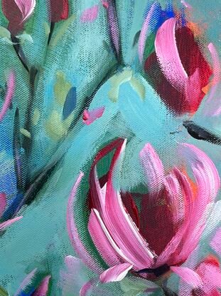 Long vertical rectangular canvas. Modern floral in magenta and pinks and whites on a blue and green coloured background with textural paint and brushstrokes.