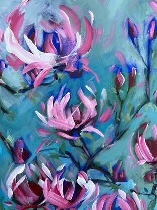 Long vertical rectangular canvas. Modern floral in magenta and pinks and whites on a blue and green coloured background with textural paint and brushstrokes.