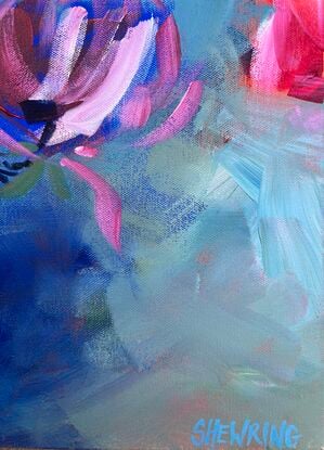 Long vertical rectangular canvas. Modern floral in magenta and pinks and whites on a blue and green coloured background with textural paint and brushstrokes.