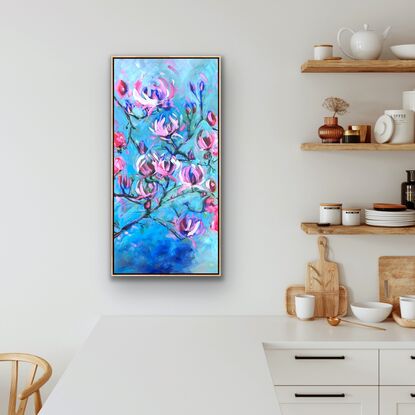 Long vertical rectangular canvas. Modern floral in magenta and pinks and whites on a blue and green coloured background with textural paint and brushstrokes.