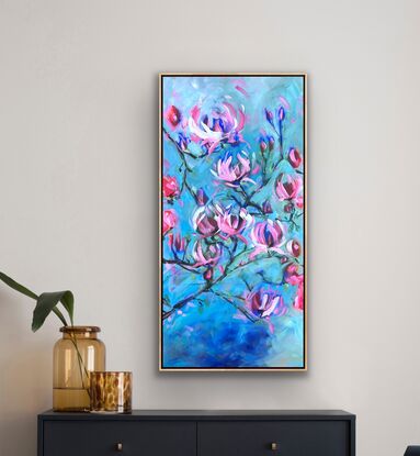 Long vertical rectangular canvas. Modern floral in magenta and pinks and whites on a blue and green coloured background with textural paint and brushstrokes.