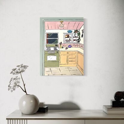 Simplistic interior scene, featuring kitchen and coffee table bright vibrant colours 