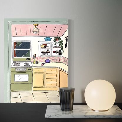 Simplistic interior scene, featuring kitchen and coffee table bright vibrant colours 