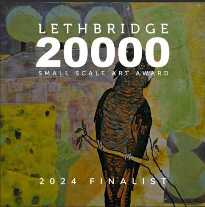 This art work was a finalist in the Lethbridge Small Scale Art Award 2024.
The Black Cockatoo was created using acrylic paint and for the background, Suanne used acrylic, collage paper and mixed media. 
