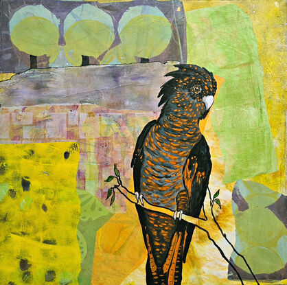 This art work was a finalist in the Lethbridge Small Scale Art Award 2024.
The Black Cockatoo was created using acrylic paint and for the background, Suanne used acrylic, collage paper and mixed media. 
