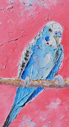 A thickly textured oil painting of a pair of blue and green budgerigar birds on a vibrant pink background. They are facing each other on a perch.