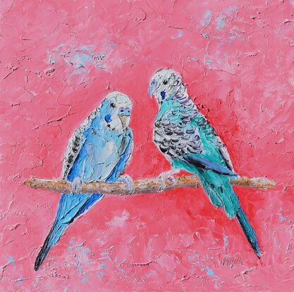 A thickly textured oil painting of a pair of blue and green budgerigar birds on a vibrant pink background. They are facing each other on a perch.