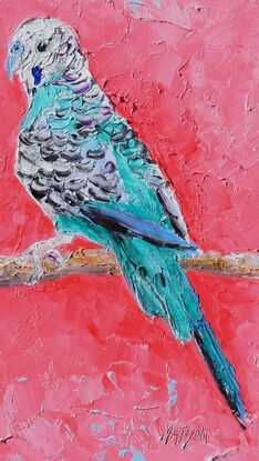 A thickly textured oil painting of a pair of blue and green budgerigar birds on a vibrant pink background. They are facing each other on a perch.