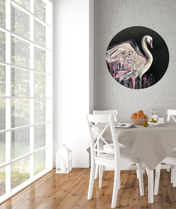 Painting of a white swan by Sydney artist Leni Kae. 