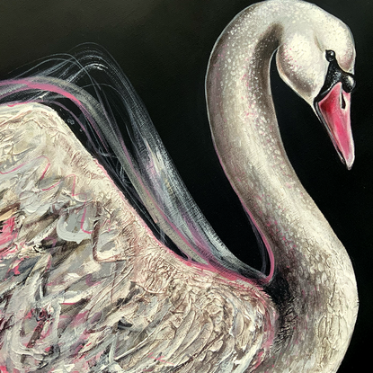 Painting of a white swan by Sydney artist Leni Kae. 