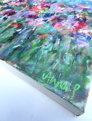 Colourful, bright, textured, abstract floral, garden and flowers on canvas