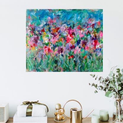 Colourful, bright, textured, abstract floral, garden and flowers on canvas