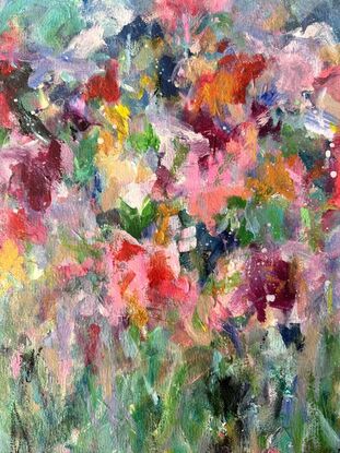 Colourful, bright, textured, abstract floral, garden and flowers on canvas