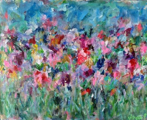 Colourful, bright, textured, abstract floral, garden and flowers on canvas