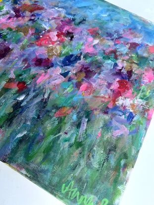 Colourful, bright, textured, abstract floral, garden and flowers on canvas