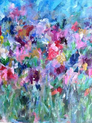 Colourful, bright, textured, abstract floral, garden and flowers on canvas