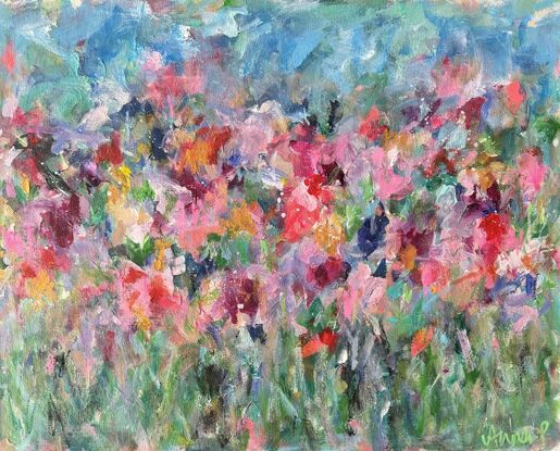 Colourful, bright, textured, abstract floral, garden and flowers on canvas