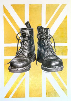 A graphite black and white drawing of two Doctor Martens boots. Behind the shoes is a gold metallic Union Jack. 