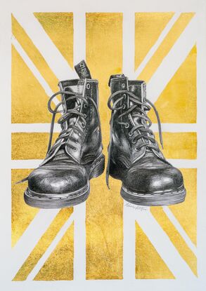 A graphite black and white drawing of two Doctor Martens boots. Behind the shoes is a gold metallic Union Jack. 