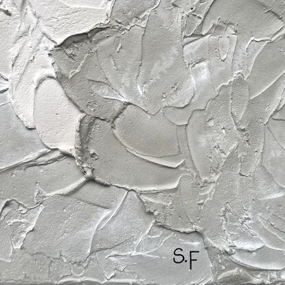 Thick clouds of lightweight plaster overlap each other to created a cloud-like affect. Each cloud is in a shade of beige, sage and olive.