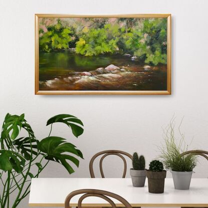 Abstract impressionist landscape of river with willow trees by Australian artist Victoria Collins, brown ochre, green, dusky pink.