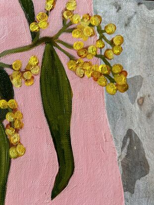 A colourful happy painting of wattle hanging over collaged gum and a pink background. Lots of pops of yellow to brighten up your day. 