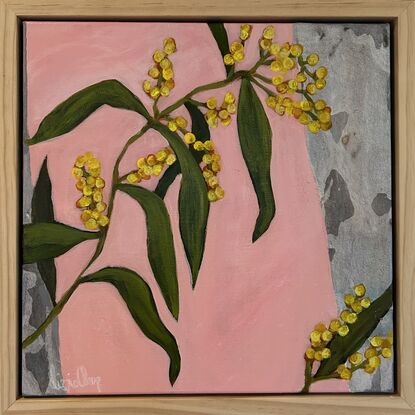 A colourful happy painting of wattle hanging over collaged gum and a pink background. Lots of pops of yellow to brighten up your day. 