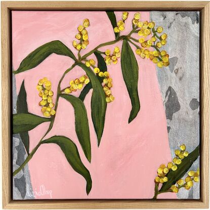 A colourful happy painting of wattle hanging over collaged gum and a pink background. Lots of pops of yellow to brighten up your day. 