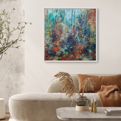 Soft impressionistic painting of forest understorey with dense layers of foliage and eucalypt saplings in Bohemian eclectic palette of ochre, peach, teal and mauve. 