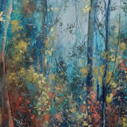 Soft impressionistic painting of forest understorey with dense layers of foliage and eucalypt saplings in Bohemian eclectic palette of ochre, peach, teal and mauve. 