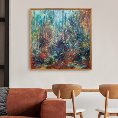 Soft impressionistic painting of forest understorey with dense layers of foliage and eucalypt saplings in Bohemian eclectic palette of ochre, peach, teal and mauve. 